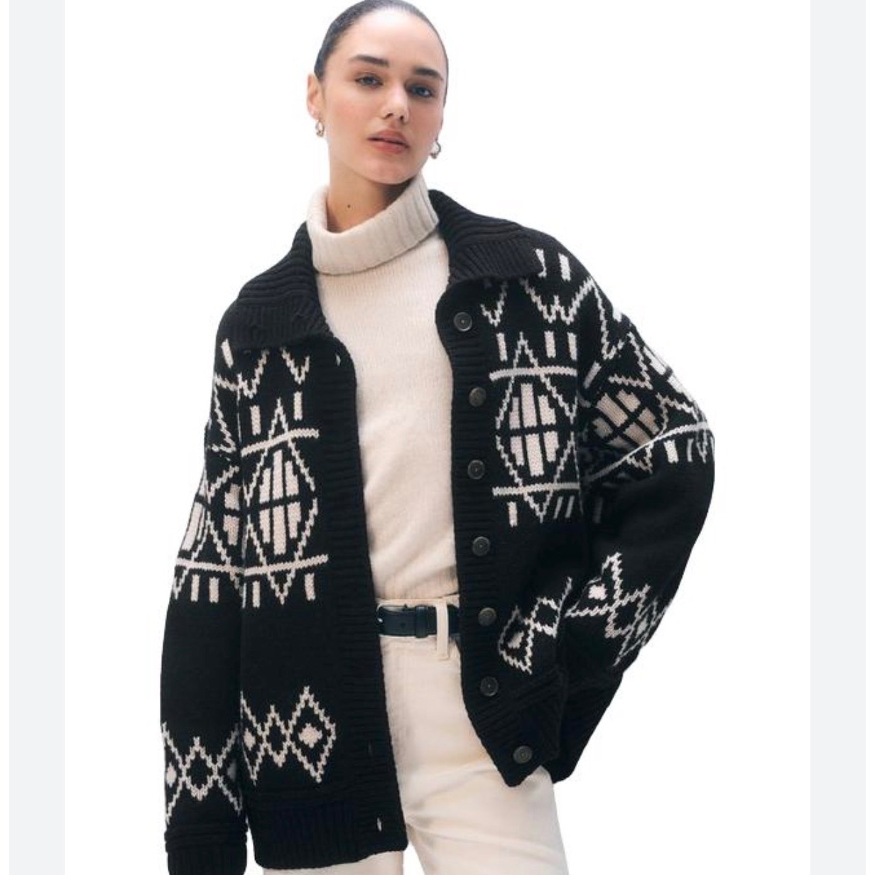 White + Warren Merino Fair Isle Jacket Black Combo Women's Xs Nwt
